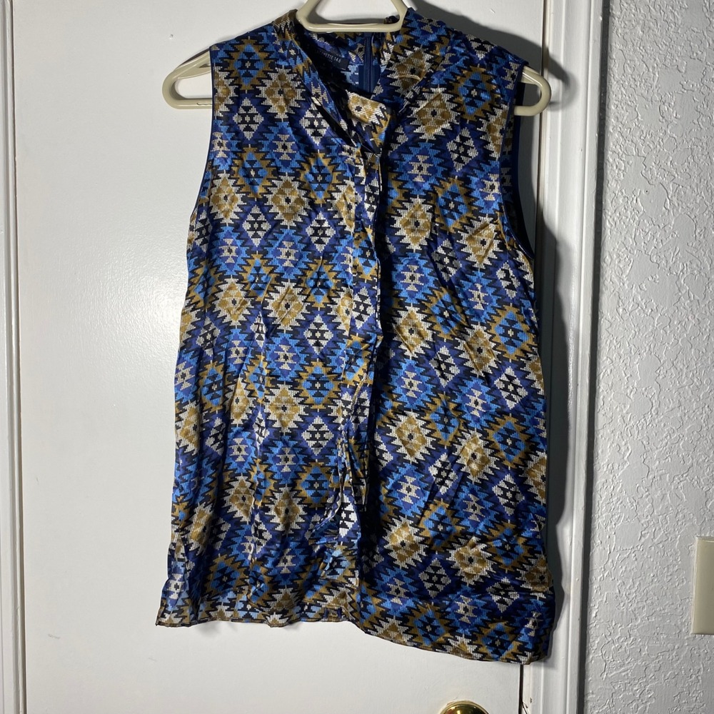 Lafayette 148 New‎ York Blue Gold Geometric Ikat 100% Silk Sleeveless Blouse S
